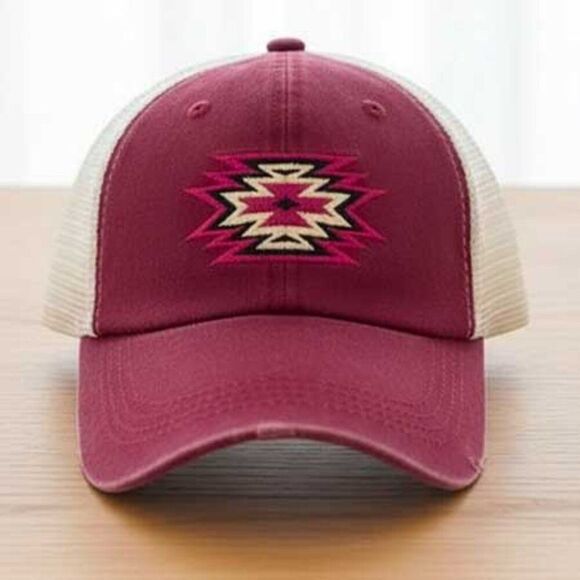 2/$30 Ladies Pink Red Aztec Distressed Ponytail Baseball Trucker Hat - Picture 3 of 4